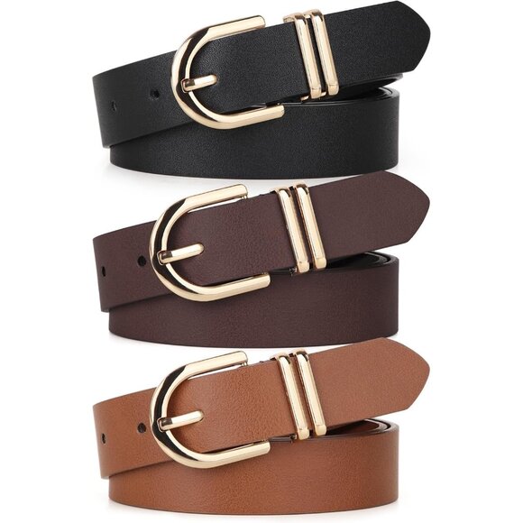Pack 3 Women's Belts for Jeans Pants Gold Buckle Leather Belts Black Coffee - Picture 3 of 5